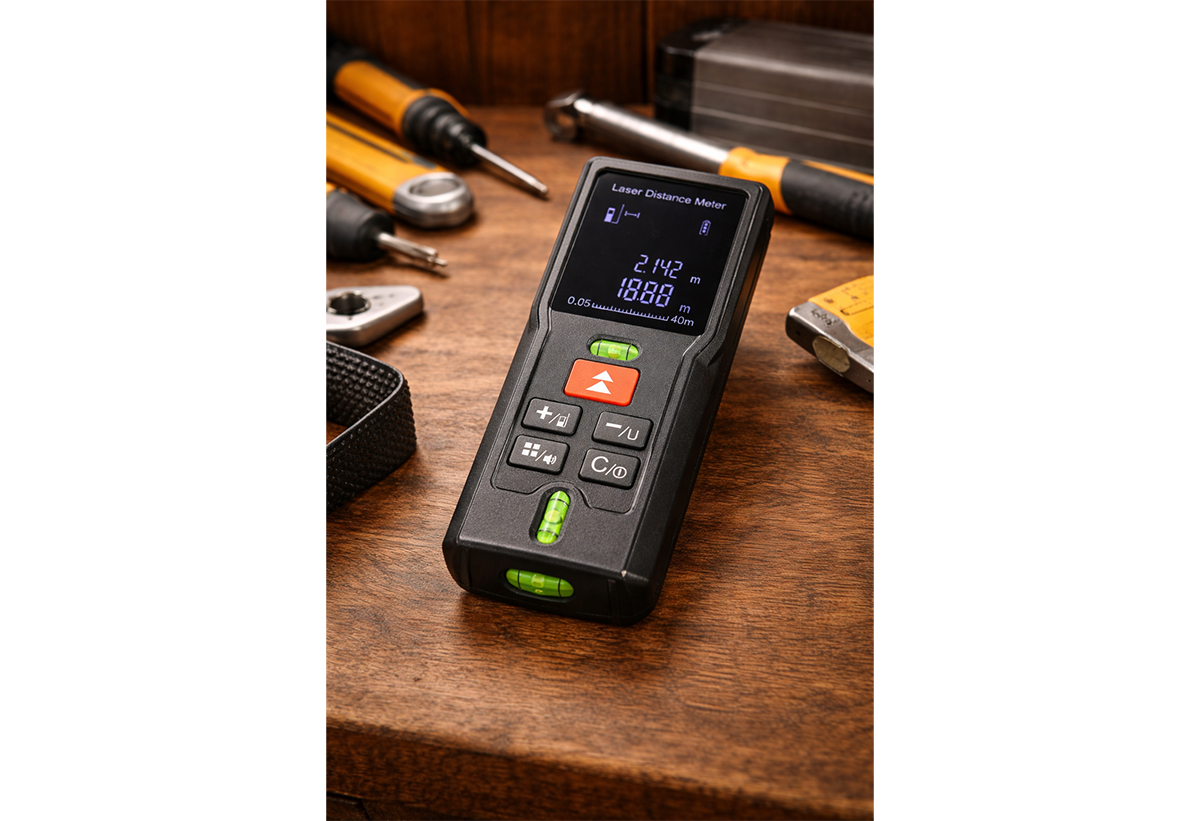 Απεικονίζεται ο μετρητής σε ξύλινη επιφάνεια εργαστηρίου με άλλα εργαλεία γύρω του.